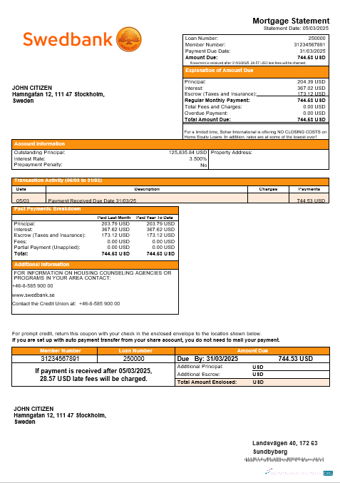 Download Swedish Swedbank bank mortgage statement in Word and PDF formats Photoshop template